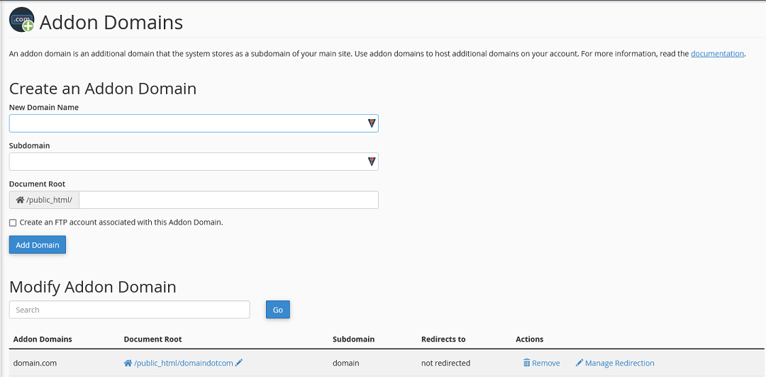 An overview of the Addon Domain management page.