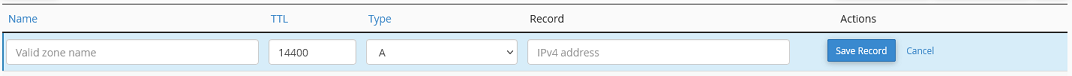 The form used to add an A record in the zone editor.