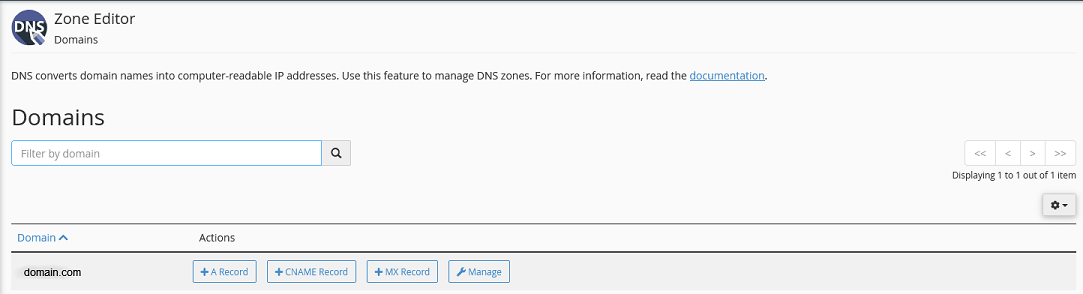 The zone editor for managing DNS in cPanel.