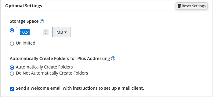 The optional settings when creating an new email account.