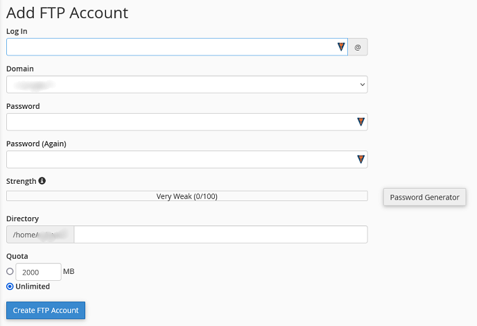 The form used to create a new FTP account.