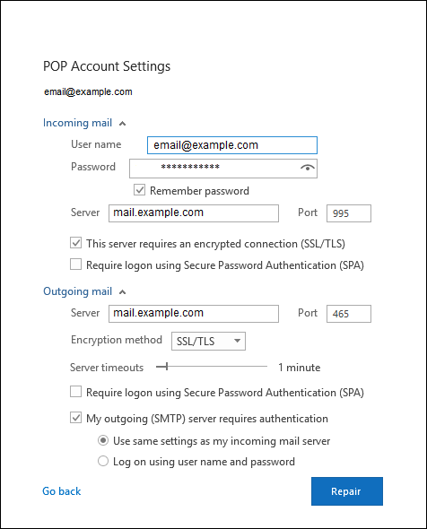 The outlook settings for an existing POP account.