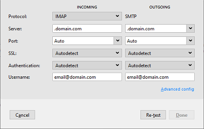 The manual settings when adding an account in Thunderbird.