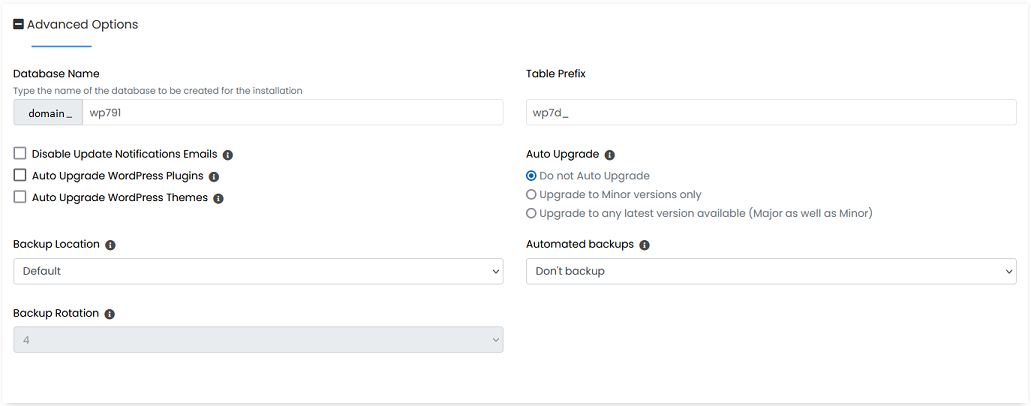 The WordPress Advance Options when creating a WordPress site.