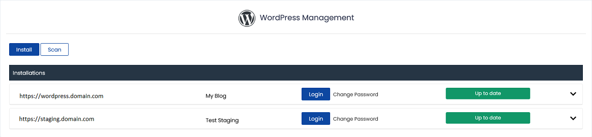 An example of the WordPress Management page showing installed WordPress sites.