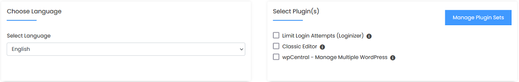 The Language and Plugins sections of the WordPress installer.