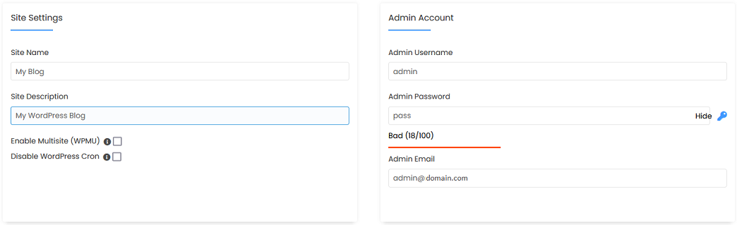 The Site Settings and Admin Account sections of the WordPress installer.