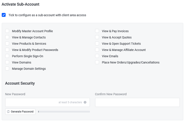 Permissions settings for new sub accounts.