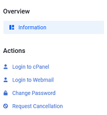 The Actions menu in the cPanel management page.