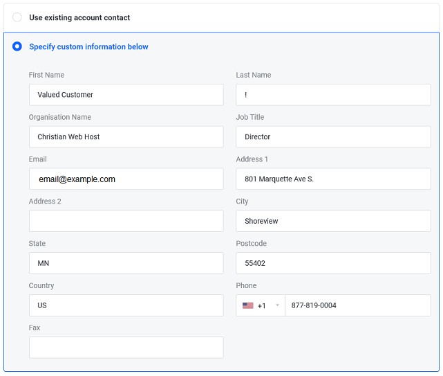 The contact information form for domain names.