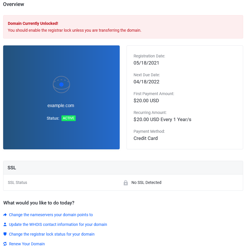 An example of the domain management page.