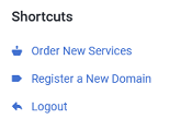 The Shortcuts menu on the client area home page.