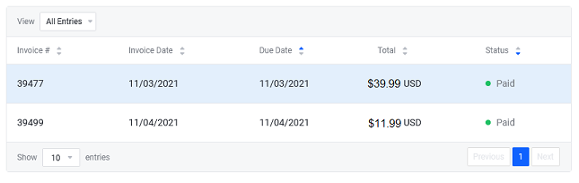 A list of invoices in the Invoices section.