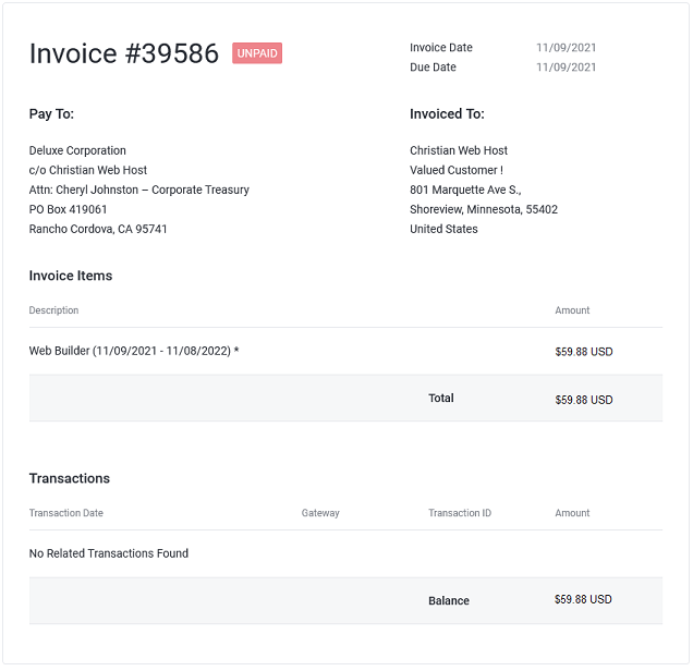 An example of an unpaid invoice.