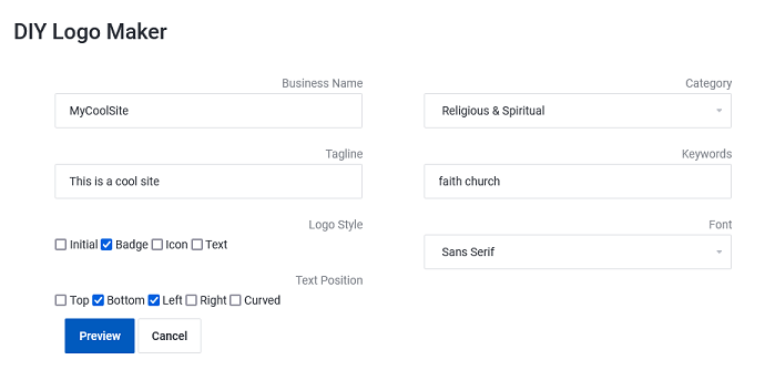 The DIY Logo Maker options form.