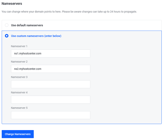 The form where you can set the domain nameservers.