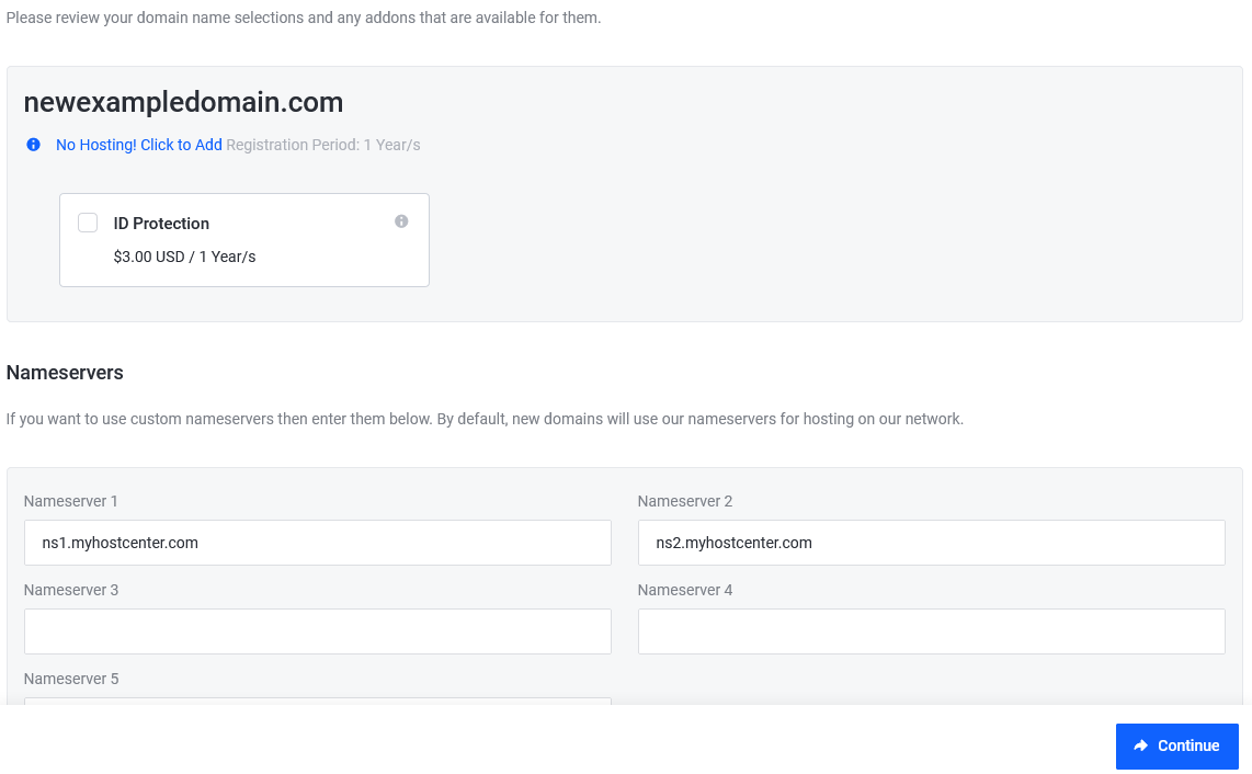 A page showing additional options and the nameservers for a new domain.