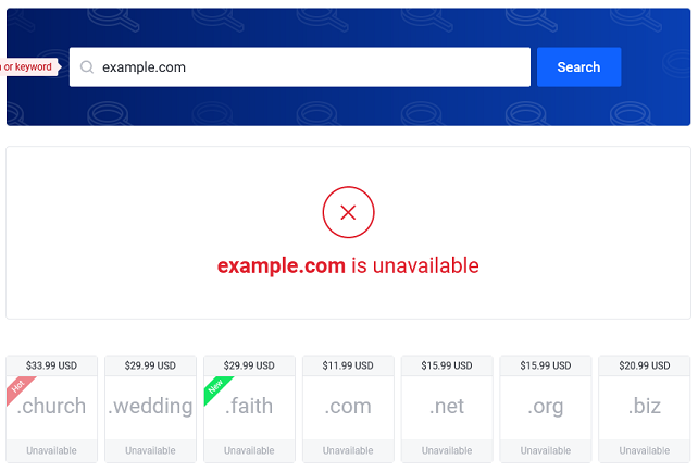 A notice showing the searched domain in not available.