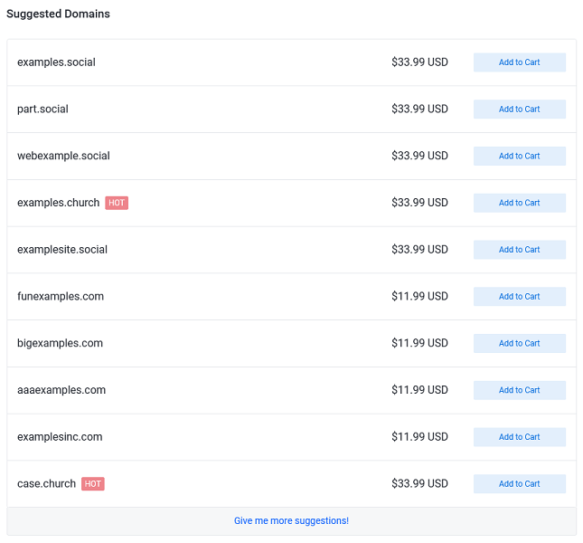 A list of suggested domain names based on the searched domain name.