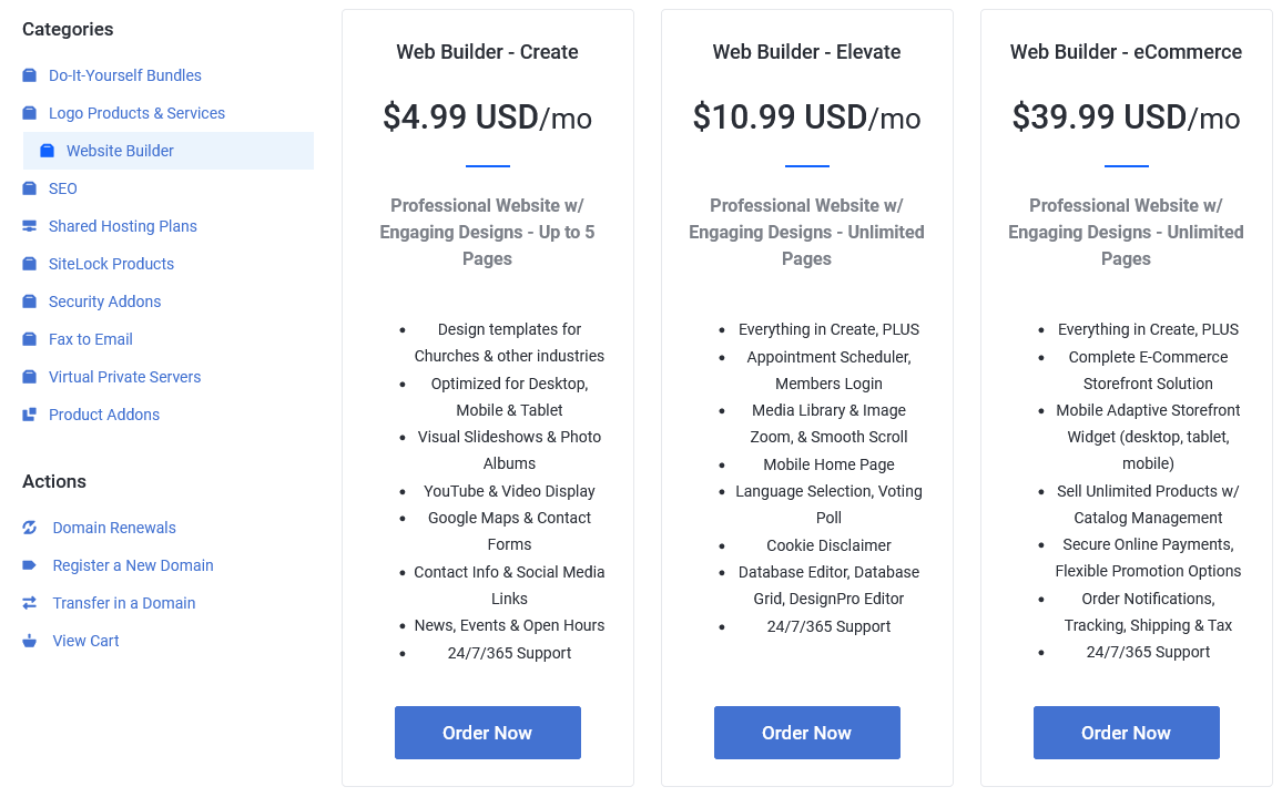 The different plans available for Website Builder.