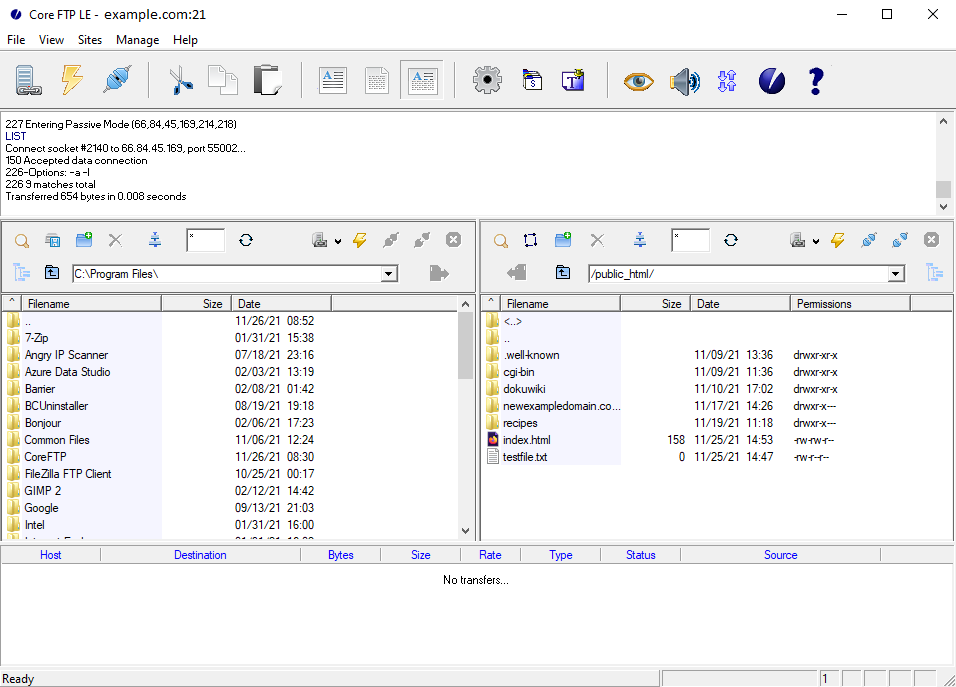 The coreFTP main file management page.
