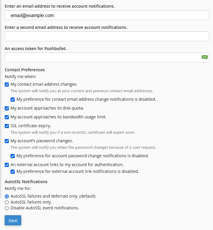 The contact information menu in cPanel.