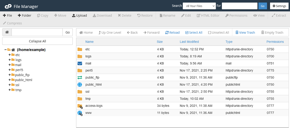 An overview of the cPanel file manager.