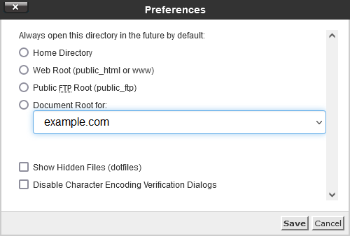 The cPanel file manager settings screen.