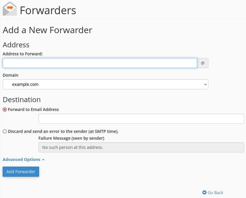 The cPanel email forwarders page where you can add a new forwarder.