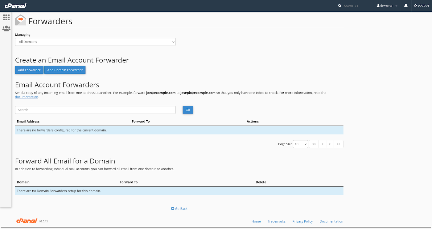 The email forwarder section of cPanel.