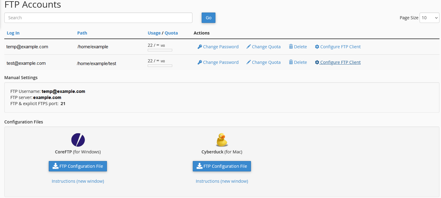 The ftp accounts in cpanel with the configure options displayed.