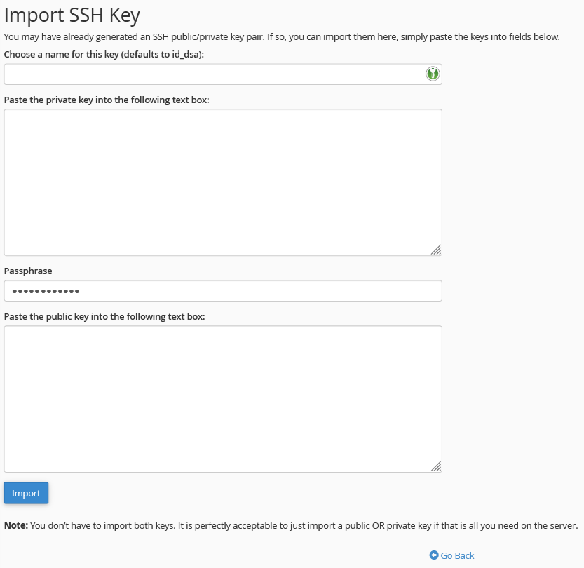 The form used to import keys into cPanel.