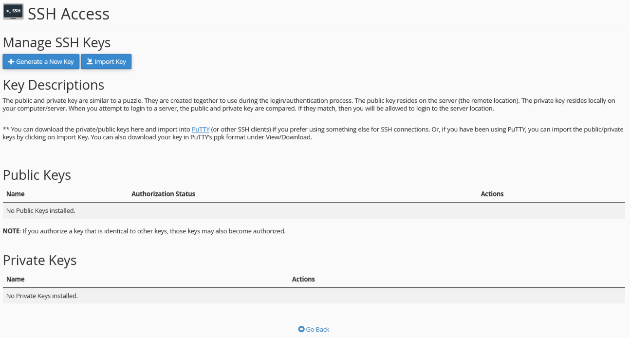 The SSH Access homepage, where you can manage your keys.
