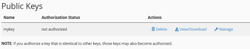 The public keys section of cPanel, in the Manage Keys section.