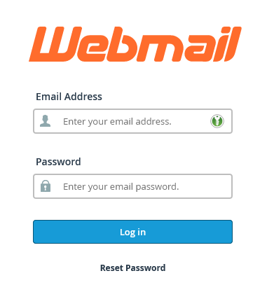 The webmail login screen which includes the email password reset link.
