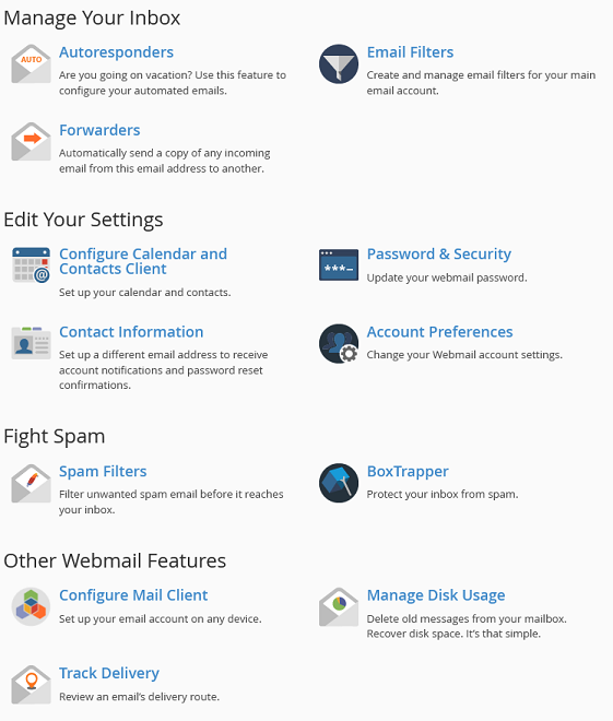 The webmail default home page, including several options for managing your email accounts.