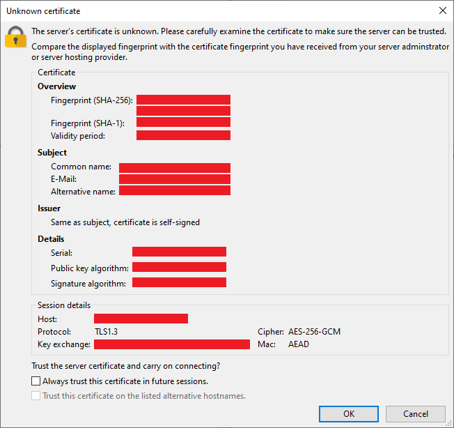 An SSL certificate warning in FileZilla.