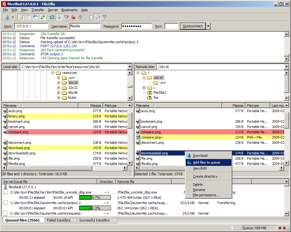 The mail file management screen in FileZilla.