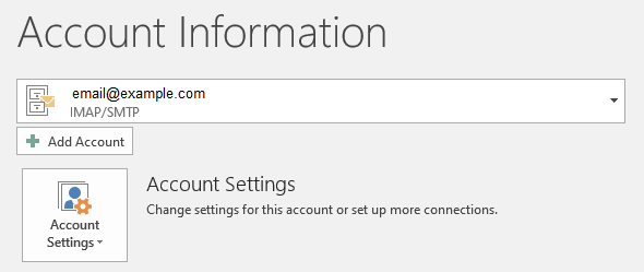 The outlook Accounts menu where you can add a new account or update an existing account.