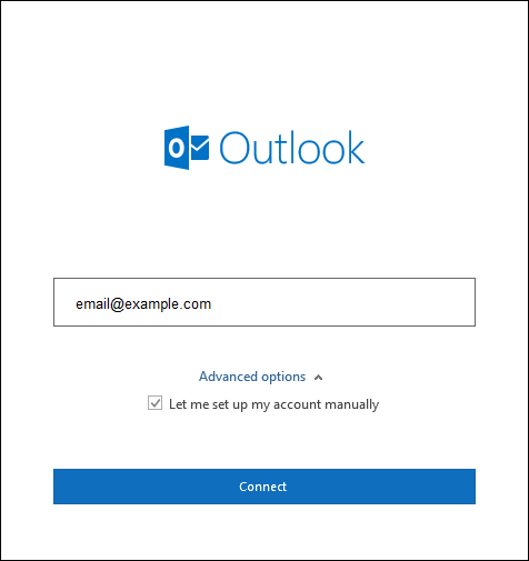 The outlook new account page with the option to set up the account manually.