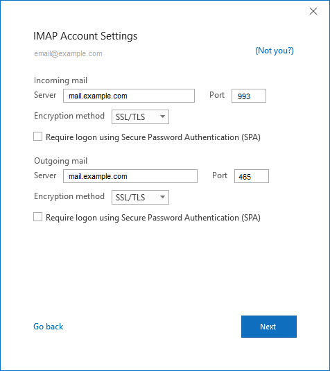 The outlook settings when adding a new IMAP account.