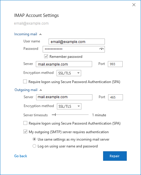The outlook settings for an existing IMAP account.