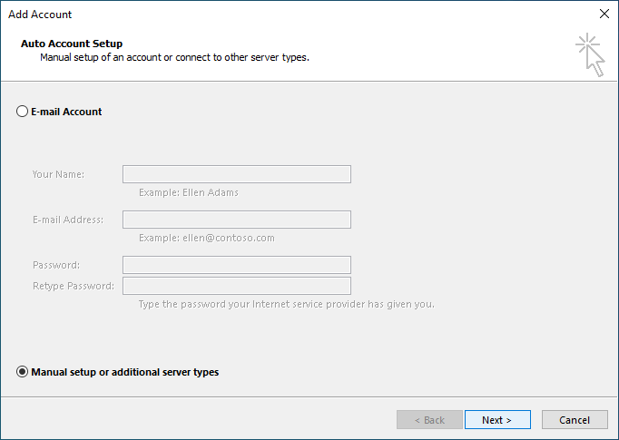 A screenshot showing where to select the manual setup option in older versions of outlook.