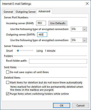 The Advanced tab for IMAP in older versions of outlook.