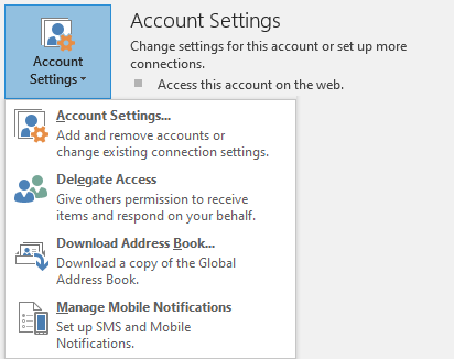 The drop down menu for Account settings in outlook.