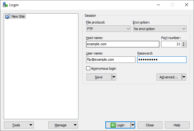 The site management menu for WinSCP.