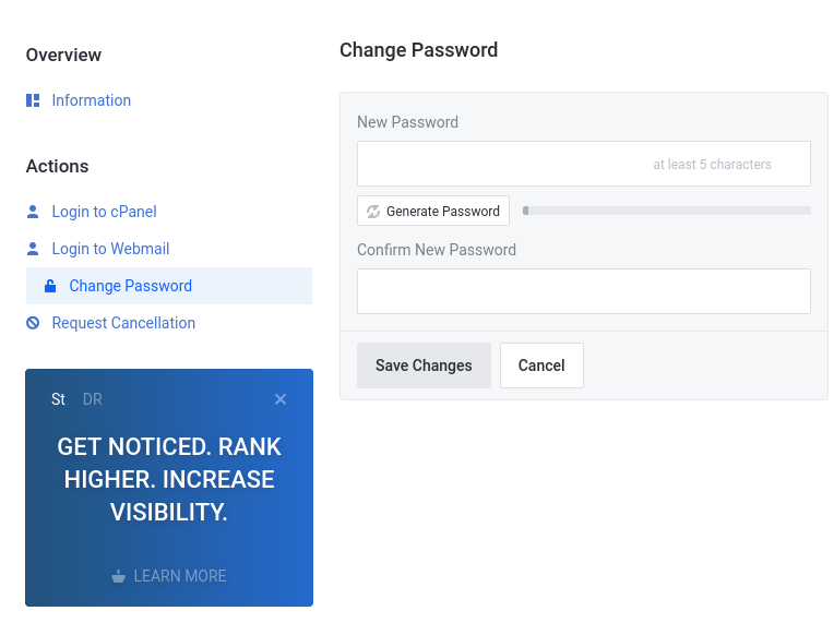 The client area "Change Password" form.