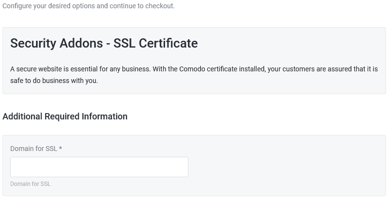 The form for choosing which domain to purchase an SSL for.