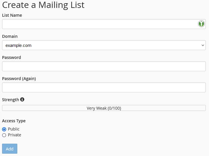 The cPanel form for adding a new mailing list.