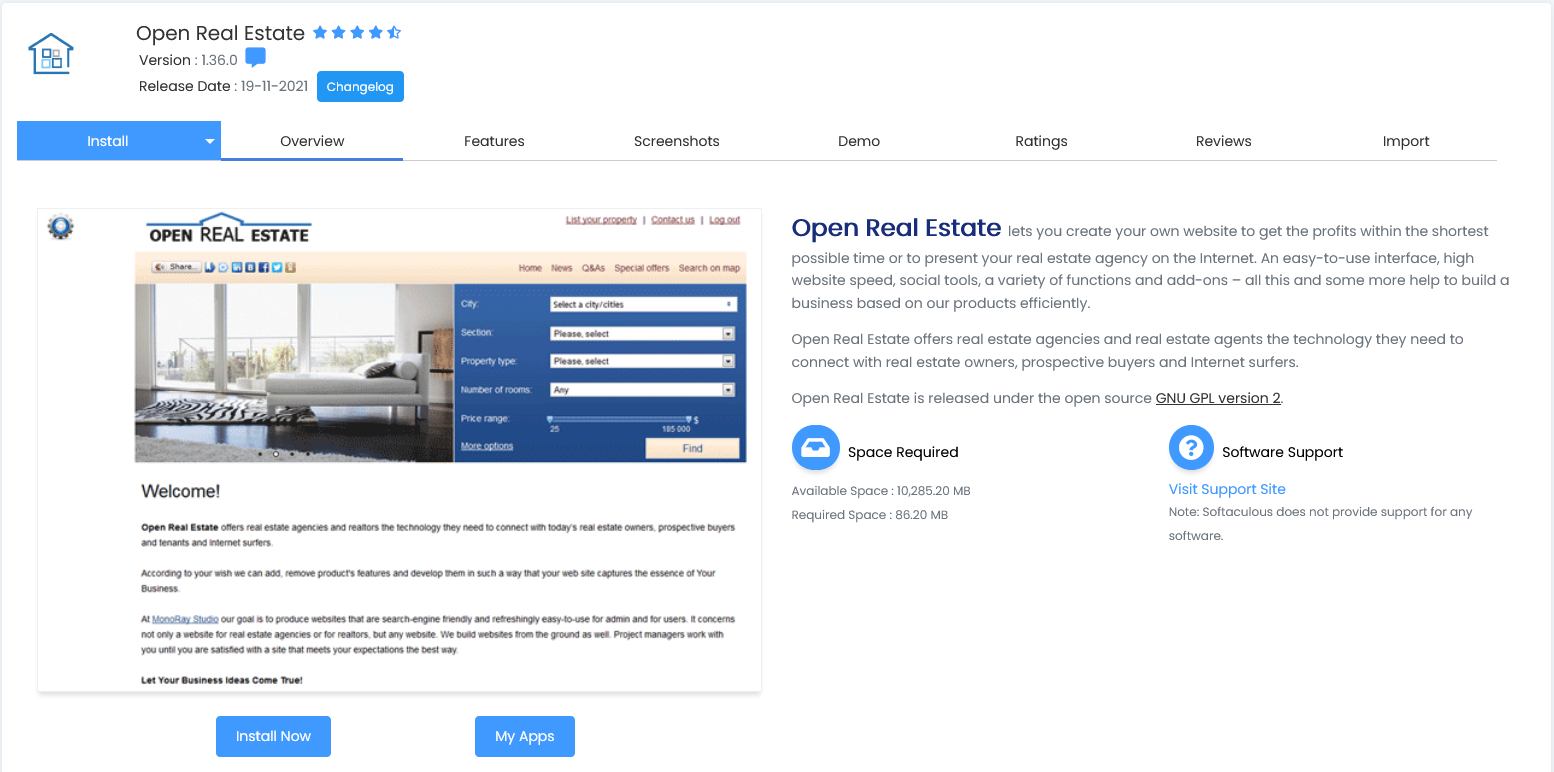 The install page for Open Real Estate in Softaculous.
